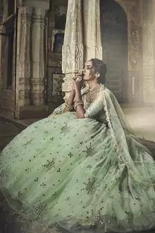 SEA GREEN SEQUINS AND ZARI EMBROIDERED SOFT NET FESTIVE & PARTY WEAR SEMI STITCHED BRIDAL LEHENGA