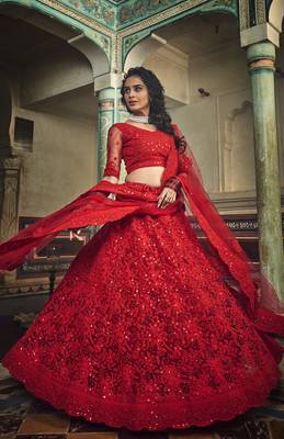 Red Net Sequin Work and Dori Embroidered Lehenga Choli with Net Dupatta 3