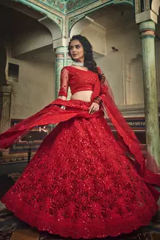 Red Net Sequin Work and Dori Embroidered Lehenga Choli with Net Dupatta