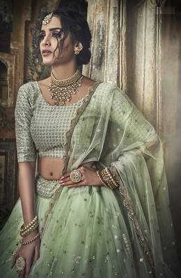 SEA GREEN SEQUINS AND ZARI EMBROIDERED SOFT NET FESTIVE & PARTY WEAR SEMI STITCHED BRIDAL LEHENGA 3