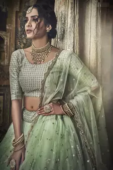 SEA GREEN SEQUINS AND ZARI EMBROIDERED SOFT NET FESTIVE & PARTY WEAR SEMI STITCHED BRIDAL LEHENGA