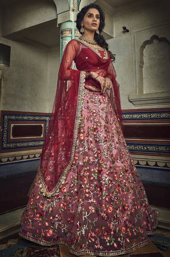 PEACH & RED ZARI AND THREAD EMBROIDERED SOFT NET FESTIVE & PARTY WEAR SEMI STITCHED BRIDAL LEHENGA