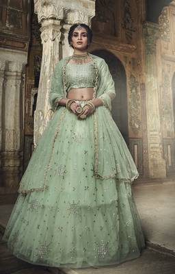 SEA GREEN SEQUINS AND ZARI EMBROIDERED SOFT NET FESTIVE & PARTY WEAR SEMI STITCHED BRIDAL LEHENGA 4