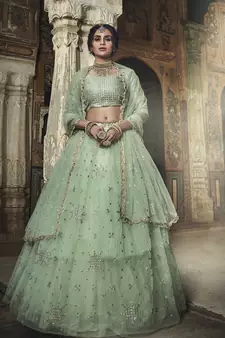 SEA GREEN SEQUINS AND ZARI EMBROIDERED SOFT NET FESTIVE & PARTY WEAR SEMI STITCHED BRIDAL LEHENGA