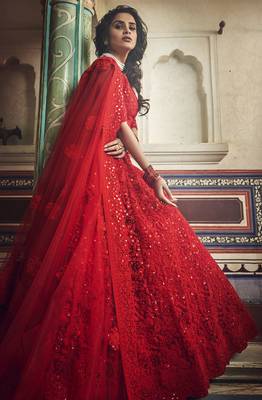 Red Net Sequin Work and Dori Embroidered Lehenga Choli with Net Dupatta 4
