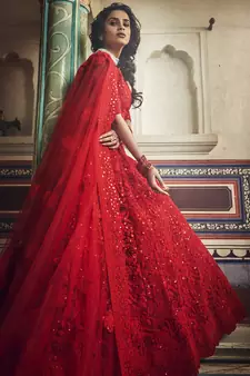 Red Net Sequin Work and Dori Embroidered Lehenga Choli with Net Dupatta