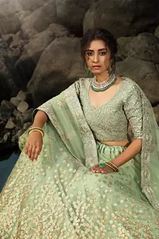 Mint Green Net Golden Sequin Work Lehenga Choli Set