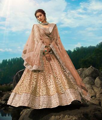 BROWN SEQUINS AND DORI EMBROIDERED SOFT NET FESTIVE & PARTY WEAR SEMI STITCHED LEHENGA 4