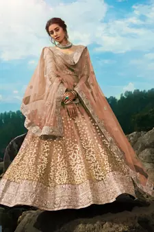 BROWN SEQUINS AND DORI EMBROIDERED SOFT NET FESTIVE & PARTY WEAR SEMI STITCHED LEHENGA