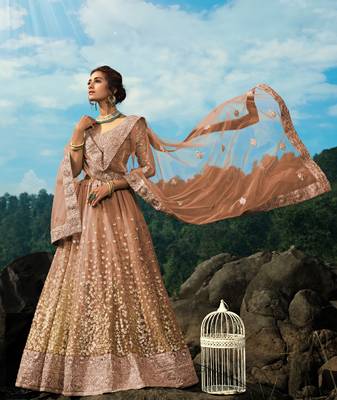 BROWN SEQUINS AND DORI EMBROIDERED SOFT NET FESTIVE & PARTY WEAR SEMI STITCHED LEHENGA 5