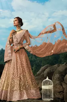 BROWN SEQUINS AND DORI EMBROIDERED SOFT NET FESTIVE & PARTY WEAR SEMI STITCHED LEHENGA