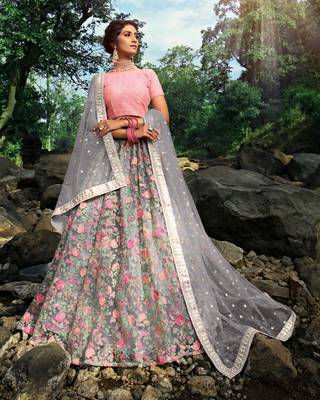 GREY SEQUINS AND THREAD EMBROIDERED SOFT NET FESTIVE & PARTY WEAR SEMI STITCHED LEHENGA 1