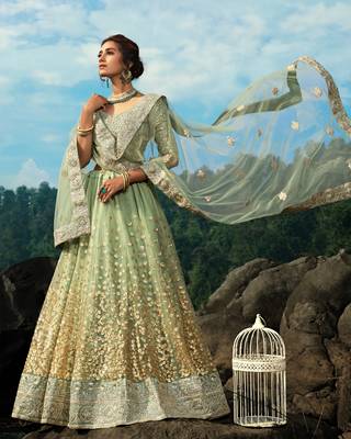 Mint Green Net Golden Sequin Work Lehenga Choli Set 6