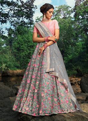 GREY SEQUINS AND THREAD EMBROIDERED SOFT NET FESTIVE & PARTY WEAR SEMI STITCHED LEHENGA 4