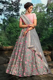GREY SEQUINS AND THREAD EMBROIDERED SOFT NET FESTIVE & PARTY WEAR SEMI STITCHED LEHENGA