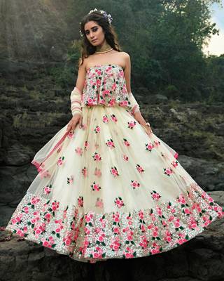 OFF WHITE SEQUINS AND THREAD EMBROIDERED SOFT NET FESTIVE & PARTY WEAR SEMI STITCHED LEHENGA 1
