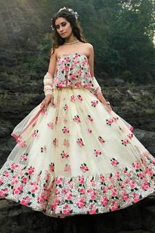 OFF WHITE SEQUINS AND THREAD EMBROIDERED SOFT NET FESTIVE & PARTY WEAR SEMI STITCHED LEHENGA