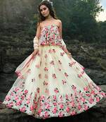 OFF WHITE SEQUINS AND THREAD EMBROIDERED SOFT NET FESTIVE & PARTY WEAR SEMI STITCHED LEHENGA