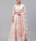 PINK SEQUINS AND THREAD EMBROIDERED SOFT NET FESTIVE & PARTY WEAR SEMI STITCHED LEHENGA