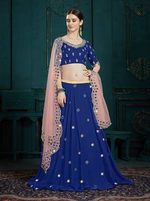 NAVY BLUE SEQUINS, MIRROR AND ZARI EMBROIDERED GEORGETTE FESTIVE & PARTY WEAR SEMI STITCHED LEHENGA 1