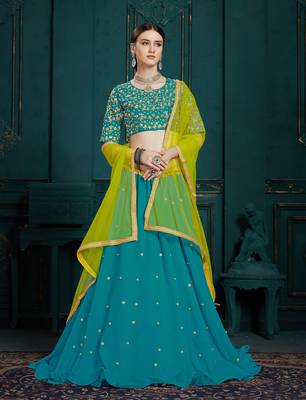 TURQUOISE SEQUINS ZARI AND THREAD EMBROIDERED GEORGETTE FESTIVE & PARTY WEAR SEMI STITCHED LEHENGA 1