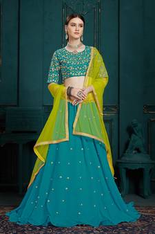 TURQUOISE SEQUINS ZARI AND THREAD EMBROIDERED GEORGETTE FESTIVE & PARTY WEAR SEMI STITCHED LEHENGA