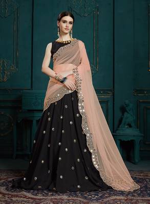 BLACK SEQUINS, MIRROR AND ZARI EMBROIDERED GEORGETTE FESTIVE & PARTY WEAR SEMI STITCHED LEHENGA 1