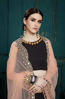 BLACK SEQUINS, MIRROR AND ZARI EMBROIDERED GEORGETTE FESTIVE & PARTY WEAR SEMI STITCHED LEHENGA