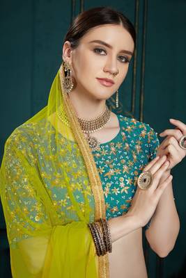 TURQUOISE SEQUINS ZARI AND THREAD EMBROIDERED GEORGETTE FESTIVE & PARTY WEAR SEMI STITCHED LEHENGA 2