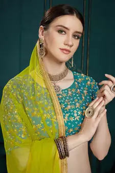 TURQUOISE SEQUINS ZARI AND THREAD EMBROIDERED GEORGETTE FESTIVE & PARTY WEAR SEMI STITCHED LEHENGA