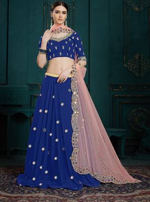 NAVY BLUE SEQUINS, MIRROR AND ZARI EMBROIDERED GEORGETTE FESTIVE & PARTY WEAR SEMI STITCHED LEHENGA 3