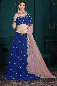 NAVY BLUE SEQUINS, MIRROR AND ZARI EMBROIDERED GEORGETTE FESTIVE & PARTY WEAR SEMI STITCHED LEHENGA