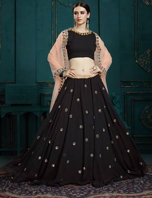 BLACK SEQUINS, MIRROR AND ZARI EMBROIDERED GEORGETTE FESTIVE & PARTY WEAR SEMI STITCHED LEHENGA 3