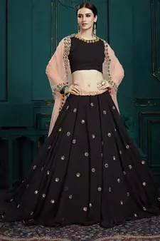 BLACK SEQUINS, MIRROR AND ZARI EMBROIDERED GEORGETTE FESTIVE & PARTY WEAR SEMI STITCHED LEHENGA