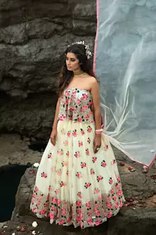 OFF WHITE SEQUINS AND THREAD EMBROIDERED SOFT NET FESTIVE & PARTY WEAR SEMI STITCHED LEHENGA