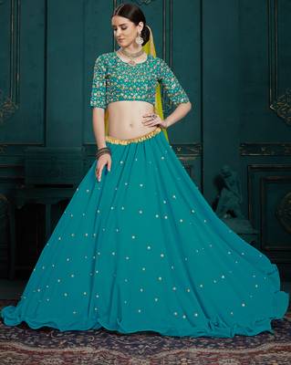 TURQUOISE SEQUINS ZARI AND THREAD EMBROIDERED GEORGETTE FESTIVE & PARTY WEAR SEMI STITCHED LEHENGA 3