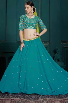 TURQUOISE SEQUINS ZARI AND THREAD EMBROIDERED GEORGETTE FESTIVE & PARTY WEAR SEMI STITCHED LEHENGA