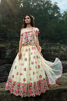 OFF WHITE SEQUINS AND THREAD EMBROIDERED SOFT NET FESTIVE & PARTY WEAR SEMI STITCHED LEHENGA