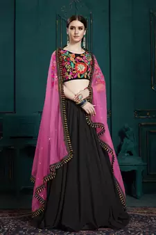 BLACK SEQUINS AND THREAD EMBROIDERED GEORGETTE FESTIVE & PARTY WEAR SEMI STITCHED LEHENGA