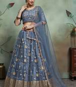 GREY SEQUINS EMBROIDERED SOFT NET FESTIVE & PARTY WEAR SEMI STITCHED LEHENGA