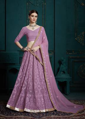 LAVENDER SEQUINS AND THREAD EMBROIDERED GEORGETTE FESTIVE & PARTY WEAR SEMI STITCHED LEHENGA 1