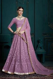 LAVENDER SEQUINS AND THREAD EMBROIDERED GEORGETTE FESTIVE & PARTY WEAR SEMI STITCHED LEHENGA