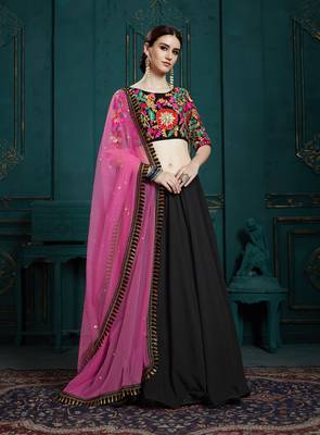 BLACK SEQUINS AND THREAD EMBROIDERED GEORGETTE FESTIVE & PARTY WEAR SEMI STITCHED LEHENGA 5