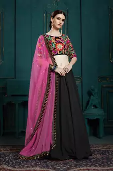 BLACK SEQUINS AND THREAD EMBROIDERED GEORGETTE FESTIVE & PARTY WEAR SEMI STITCHED LEHENGA