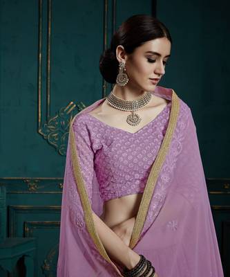 LAVENDER SEQUINS AND THREAD EMBROIDERED GEORGETTE FESTIVE & PARTY WEAR SEMI STITCHED LEHENGA 4