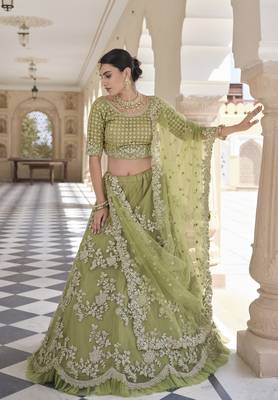 OLIVE SEQUINS AND DORI EMBROIDERED SOFT NET FESTIVE & PARTY WEAR SEMI STITCHED LEHENGA 1