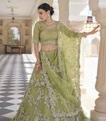 OLIVE SEQUINS AND DORI EMBROIDERED SOFT NET FESTIVE & PARTY WEAR SEMI STITCHED LEHENGA
