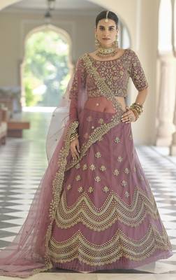 MAUVE SEQUINS AND DORI EMBROIDERED SOFT NET FESTIVE & PARTY WEAR SEMI STITCHED LEHENGA 1
