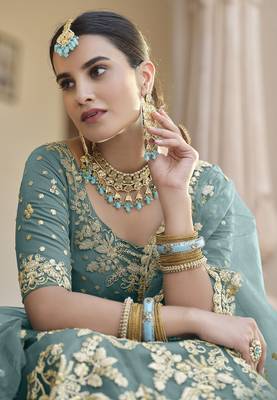 TURQUOISE SEQUINS AND DORI EMBROIDERED SOFT NET FESTIVE & PARTY WEAR SEMI STITCHED LEHENGA 4