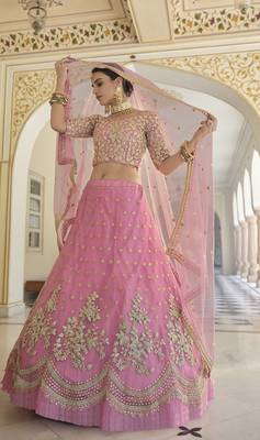 BABY PINK SEQUINS AND DORI EMBROIDERED SOFT NET FESTIVE & PARTY WEAR SEMI STITCHED LEHENGA 1